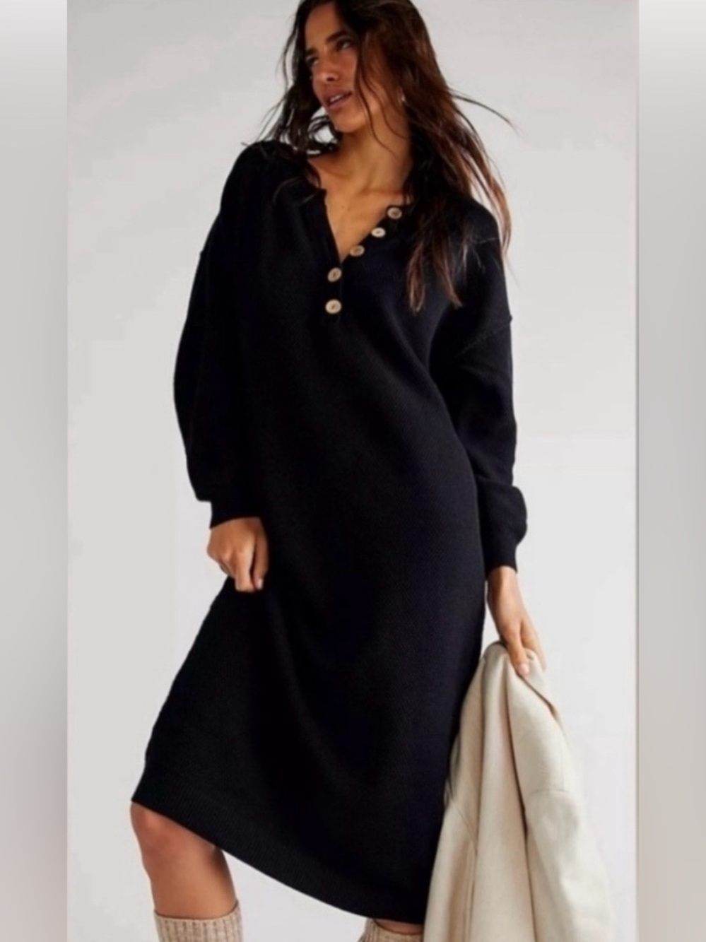 FREE PEOPLE FP BEACH Hailee Sweater Waffle Knit Midi Dress black Medium